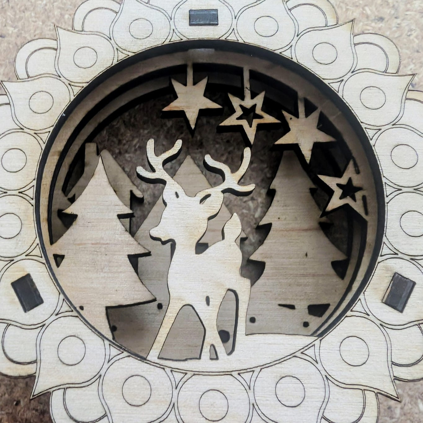 Laser-cut wooden Christmas snowflake ornament with reindeer and trees – Lár na Tíre Makers