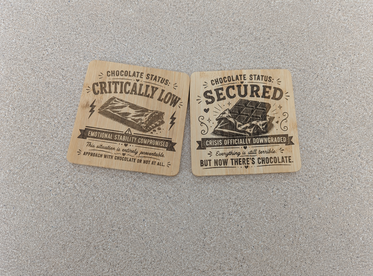 Chocolate Status Coaster — Double-Sided Funny Bamboo Coaster