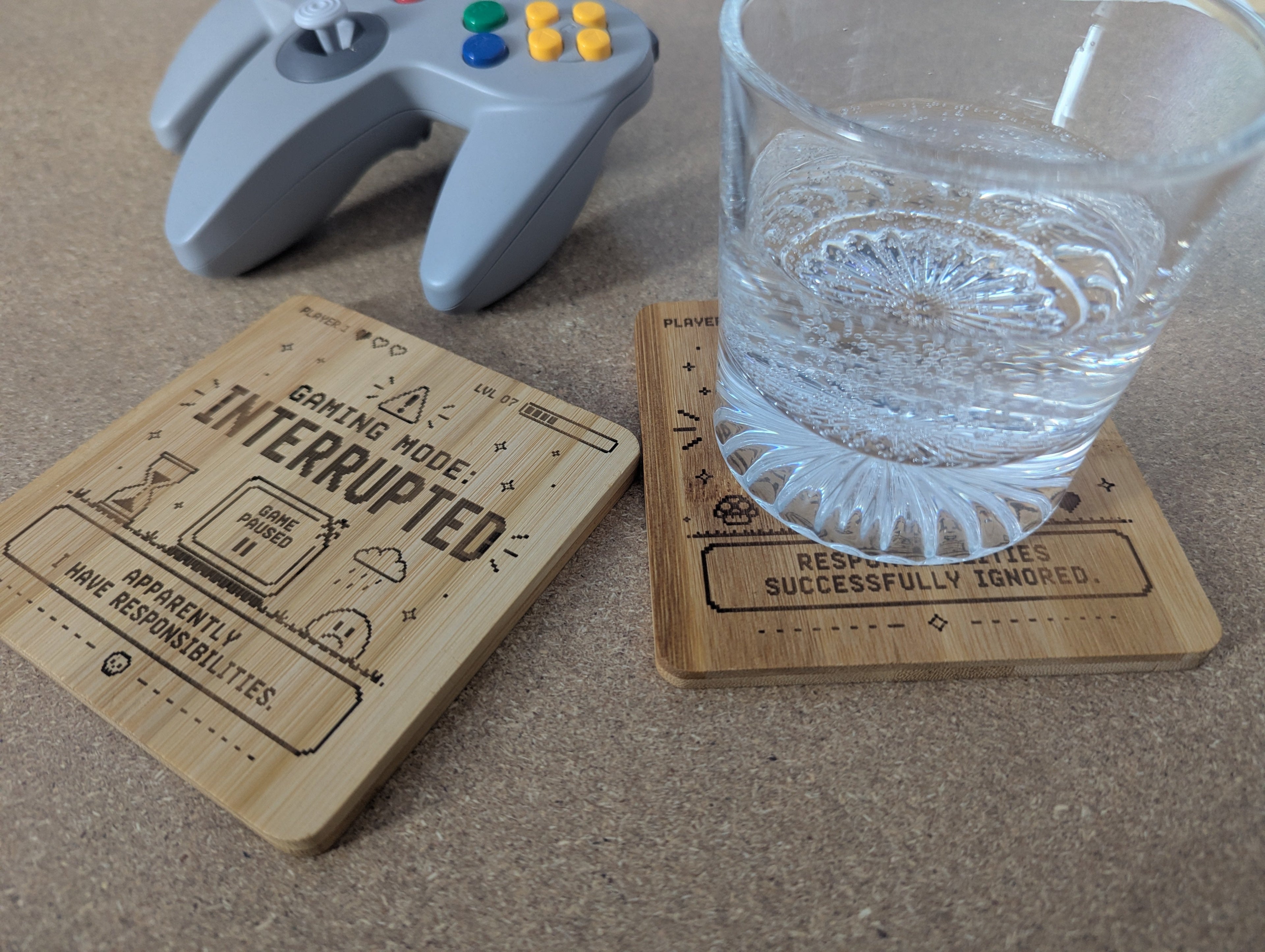 Gaming Status Coaster — Double-Sided Funny Bamboo Coaster