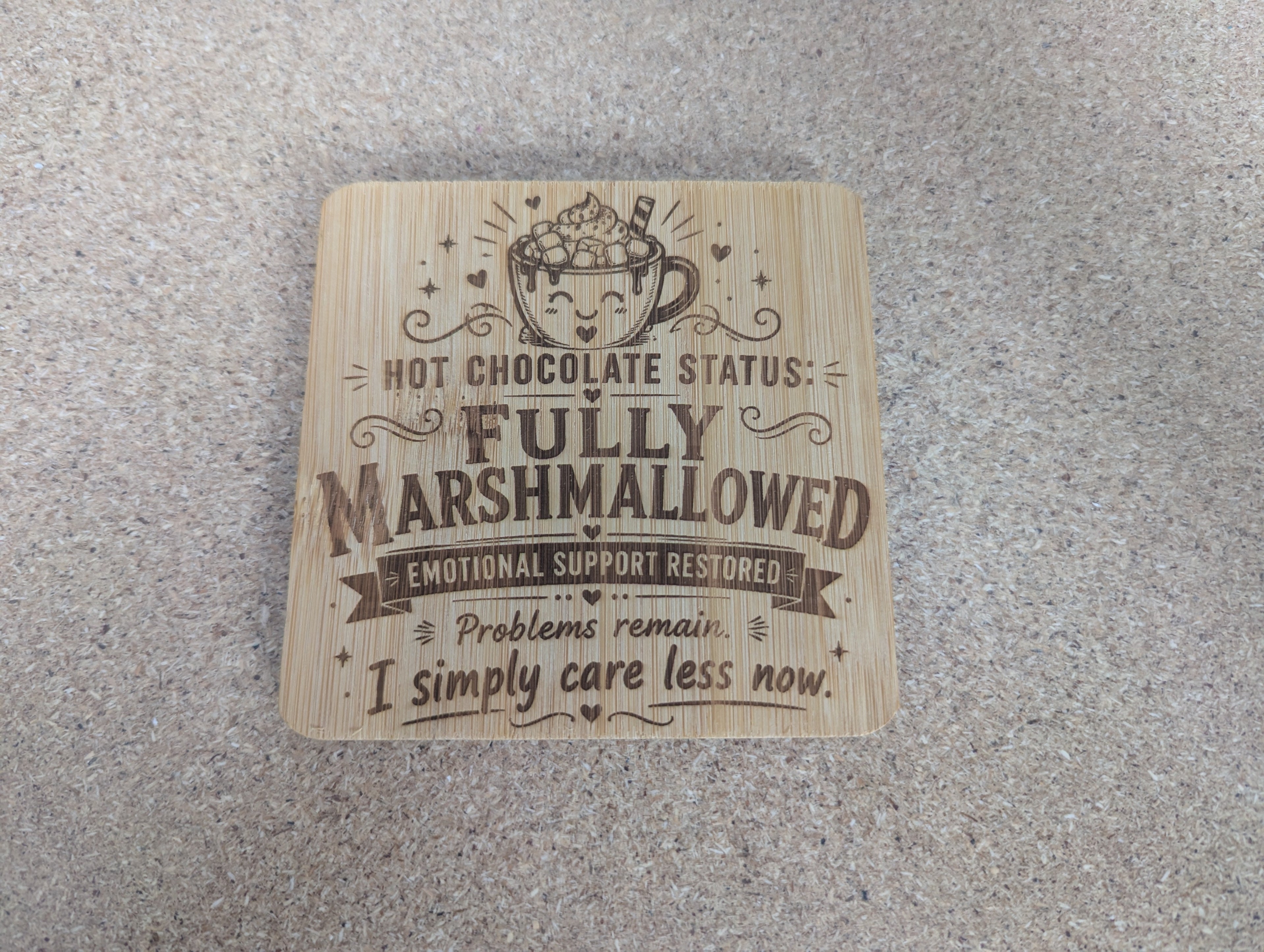 Hot Chocolate Status Coaster — Double-Sided Funny Bamboo Coaster