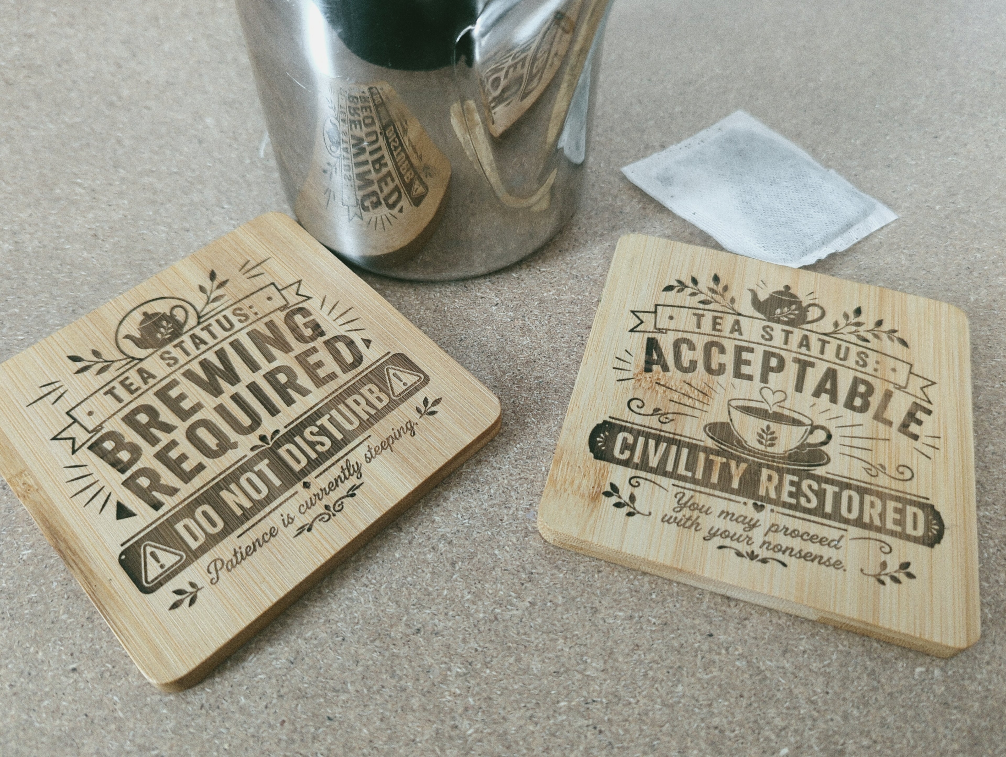 Tea Status Coaster — Double-Sided Funny Bamboo Coaster