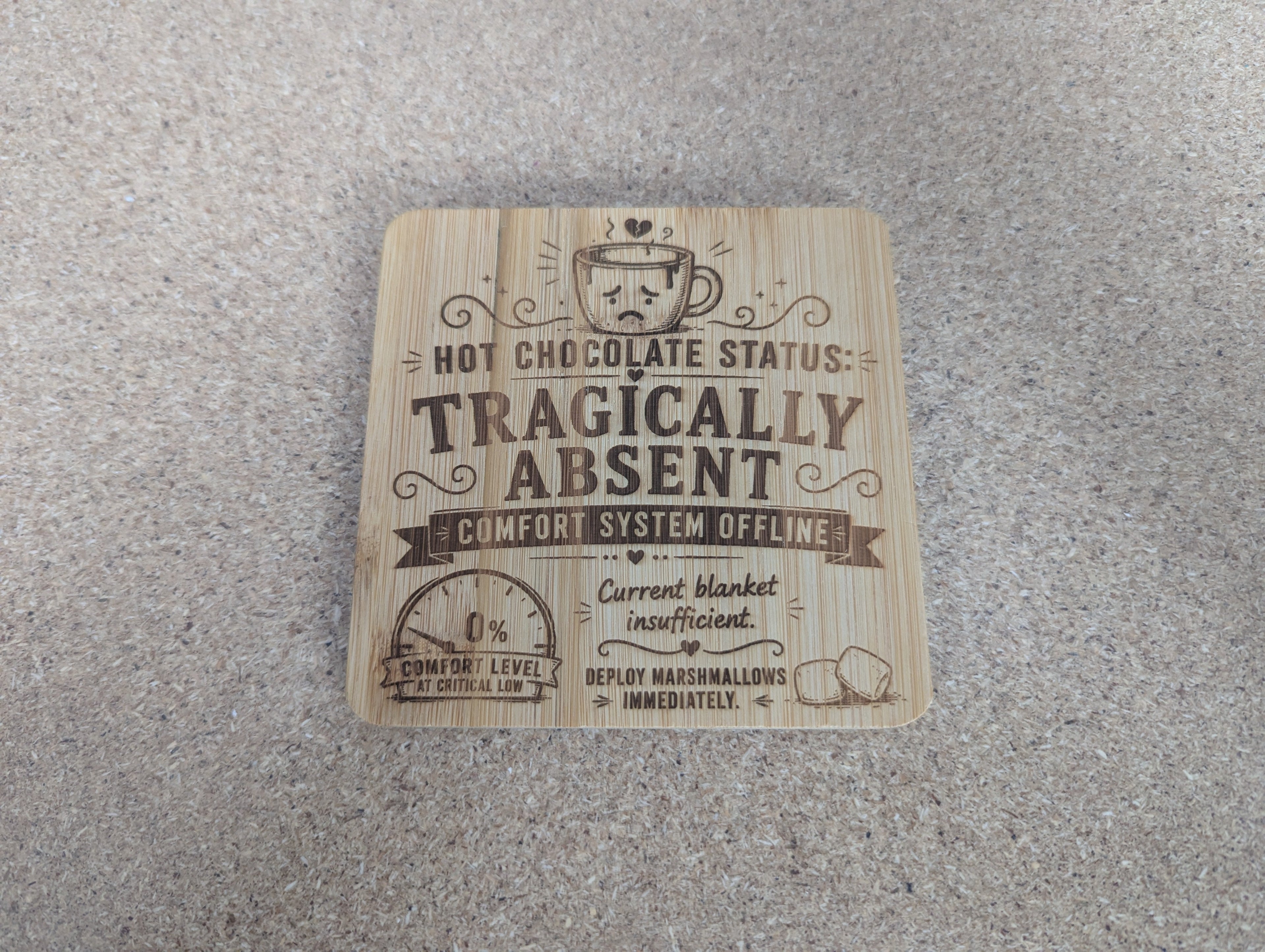 Hot Chocolate Status Coaster — Double-Sided Funny Bamboo Coaster