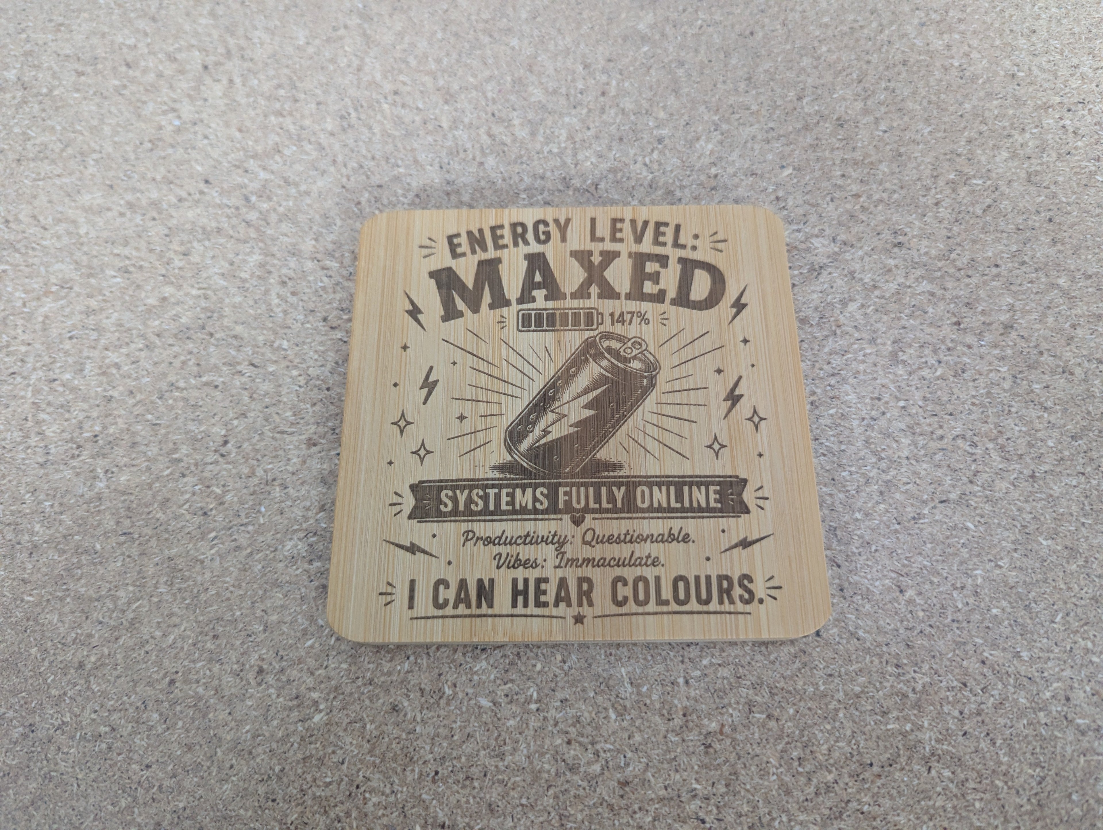Energy Level Coaster — Double-Sided Funny Bamboo Coaster