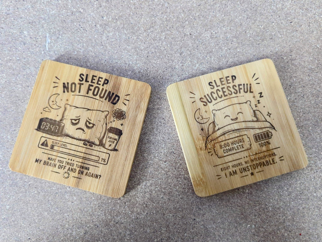 Sleep Status Coaster — Double-Sided Funny Bamboo Coaster