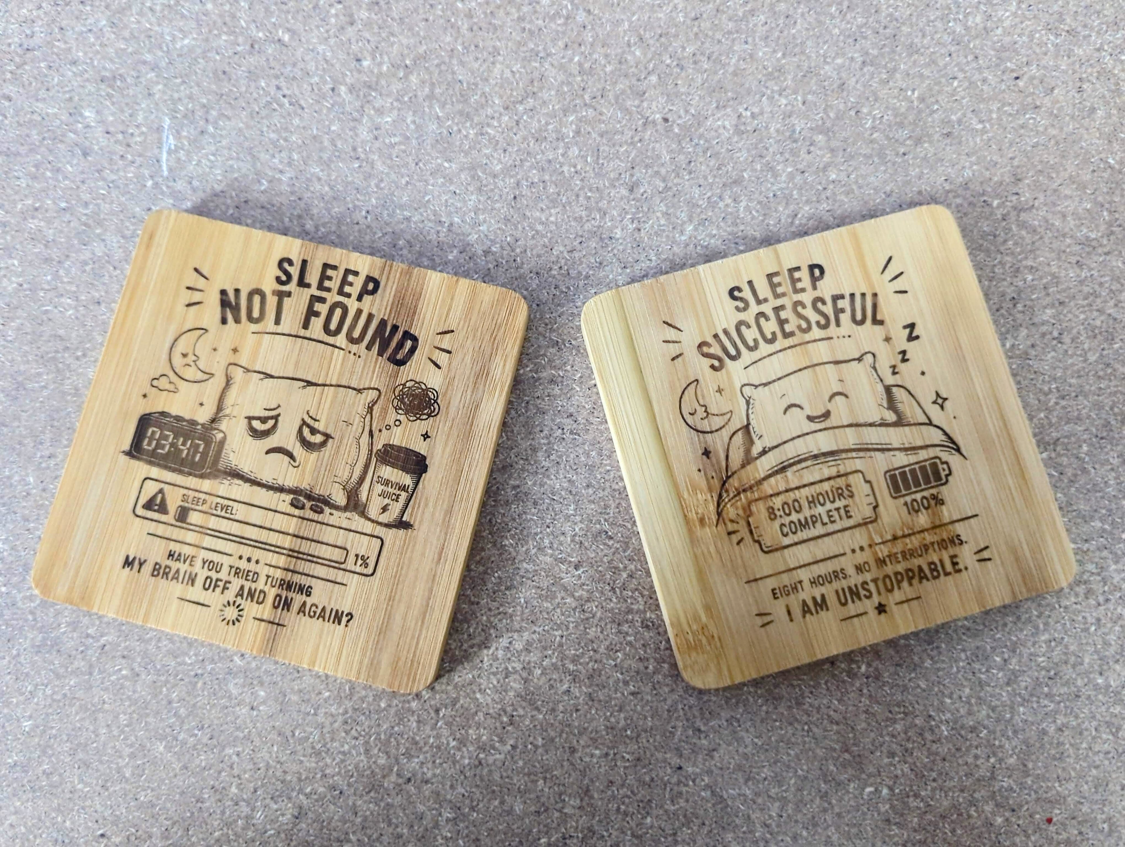 Sleep Status Coaster — Double-Sided Funny Bamboo Coaster